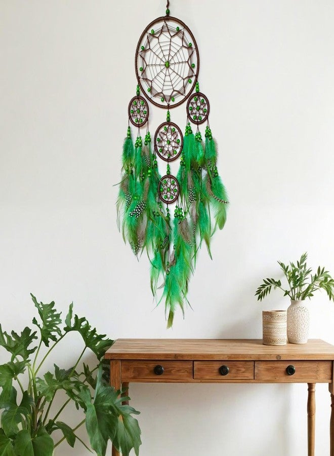 SOYUZU Large Dream Catcher Wall Decor Green Dream Catchers with Wooden Bead Handmade Feather Dreamcatcher Wall Hanging Ornament for Bedroom Living Room Home Decor - Image 5